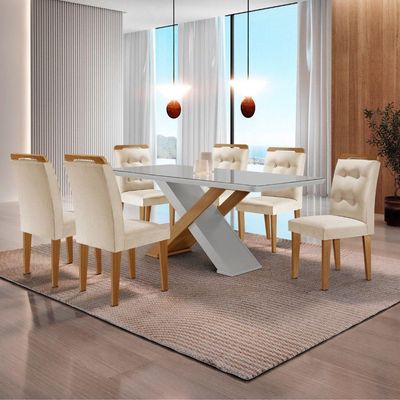 Mesa Sala De Jantar Carol 180cm E 6 Cadeiras Carol Moderna Veludo Creme/off White/imbuia