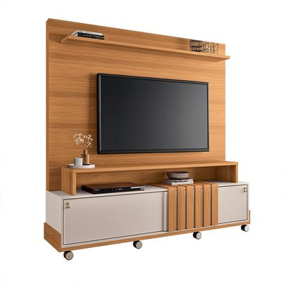 Home Painel Decorativo Bolt TV até 65 Pol Portas Deslizantes Pés Rodízio Cinamomo/Off White G26 - Gran Belo