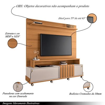 Home Painel Decorativo Bolt TV até 65 Pol Portas Deslizantes Pés Rodízio Cinamomo/Off White G26 - Gran Belo