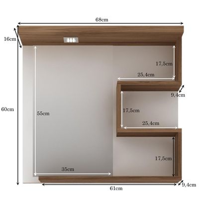 Armário Aéreo Para Banheiro 70cm Com 03 Prateleiras E Espelho Veneza B06 Branco Nogal - Lyam Decor