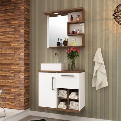 Armário Aéreo Para Banheiro 70cm Com 03 Prateleiras E Espelho Veneza B06 Branco Nogal - Lyam Decor
