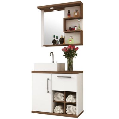 Conjunto Banheiro Gabinete Suspenso 70cm Com Armário E Cuba Veneza B06 Branco Nogal - Lyam Decor
