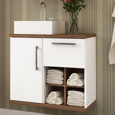 Balcão Gabinete Suspenso Para Banheiro 70cm 01 Gaveta Veneza B06 Branco Nogal - Lyam Decor
