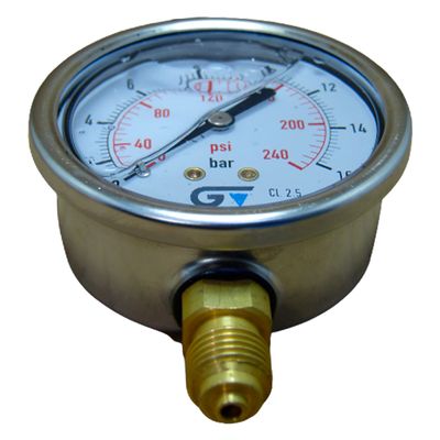 Manômetro 63mm 250 Psi 21.09 Bar 1/4 Bsp C/ Glicerina Aço Inox