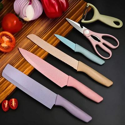 Conjunto De Facas 6 Peças Aço Inoxidável Colorido Multifuncional Para Cozinha