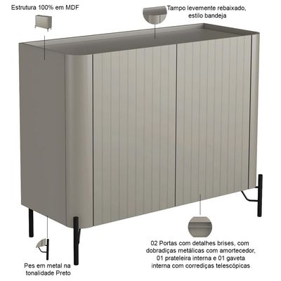 Buffet Sala de Jantar 2 Portas Brise 1 Gaveta Pés Industrial Preto Naim I03 Grigio - Lyam