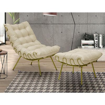 Kit 2 Puff Decorativo Sala de Estar Abel Pés Dourado Veludo Bege - Gran Belo