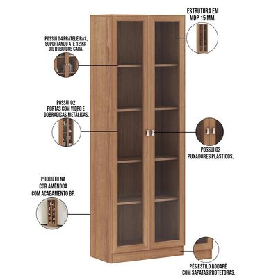 Estante Escritório Home Office 2 Portas De Vidro 4 Prateleiras Cannes 171cm T01 Amêndoa - Lyam Decor