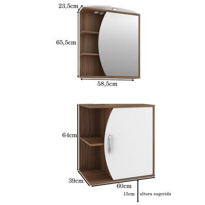Conjunto Para Banheiro Armário Gabinete 01 Porta 60 cm Com Cuba Duna B06 Branco Nogal - Lyam Decor
