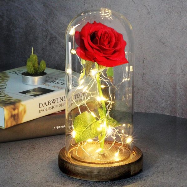 Flor Artificial Rosa em Domo de Vidro LED para Decoração de Natal azul