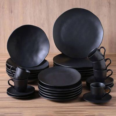 Aparelho de Jantar 30 Peças Orgânico Preto Matte Mesa Posta Porto Brasil 6 Pessoas Pratos e Xícaras