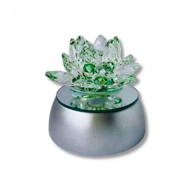 Enfeite Escultura De Vidro Flor De Lotus De 13cm Com Base Espelhada Led Rgb Enfeite De Cristal Verde
