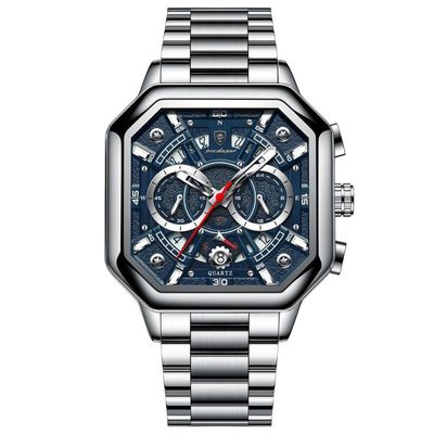 Relógio De Quartzo Com Cronógrafo Mostrador Luminoso Pulseira Em Aço Inoxidável 5atm Azul