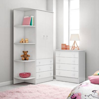 Conjunto Doce Sonho Branco Cômoda Doce Sonho 4 Gaveteiros + Guarda-roupa Doce Sonho 2 Portas