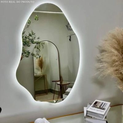 Espelho Decorativo 90x65 De Led Branco Orgânico Abstrado Com Bateria Branca