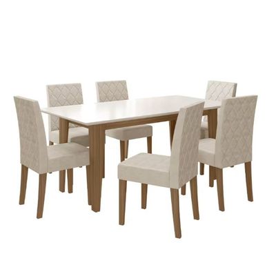 Mesa de Jantar Retangular Poliman Liz com 6 Cadeiras Estofadas e Revestidas em Suede - 160 cm de Largura Carvalho/Branco/Off White