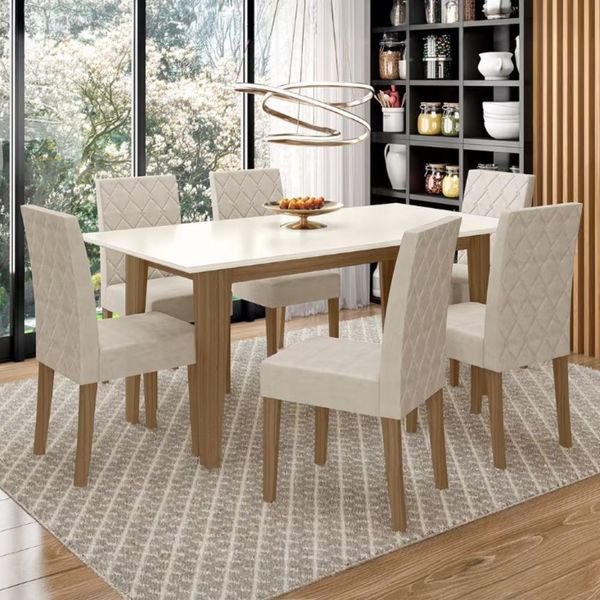 Mesa de Jantar Retangular Poliman Liz com 6 Cadeiras Estofadas e Revestidas em Suede - 160 cm de Largura Carvalho/Branco/Off White