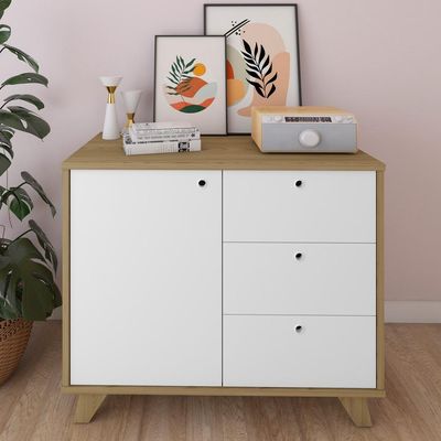 Armário Balcão Multiuso Para Escritório Sala 1 Porta 3 Gavetas Lugano A02 Olmo Branco - Lyam Decor