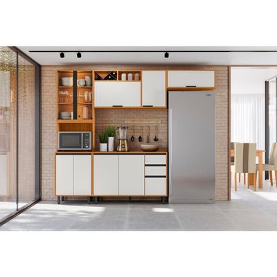 Cozinha Completa Poliman Ravena 6 Peças 3 Aéreos 2 Balcões Freijó/Off White