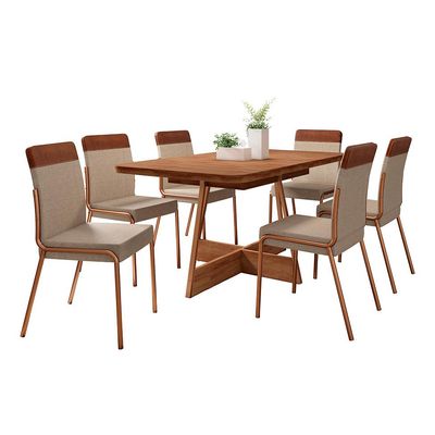 Conjunto de Mesa Retangular com Tampo de MDP Nogal Átria e 6 Cadeiras Madalena Linho Areia e Caramelo