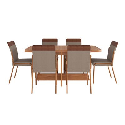 Conjunto de Mesa Retangular com Tampo de MDP Nogal Átria e 6 Cadeiras Madalena Linho Areia e Caramelo