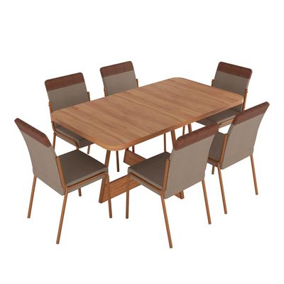 Conjunto de Mesa Retangular com Tampo de MDP Nogal Átria e 6 Cadeiras Madalena Linho Areia e Caramelo