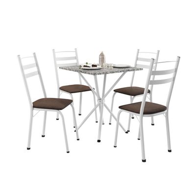 Conjunto de Mesa Quadrada com Tampo Granito e 4 Cadeiras Léia Revestimento Sintético Imbuia e Branco