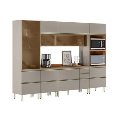 Armário de Cozinha Completa com 3 Vidros Reflecta Proença 9 Portas 8 Gavetas Nude e Nogueira