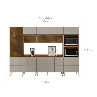 Armário de Cozinha Completa com 3 Vidros Reflecta Proença 9 Portas 8 Gavetas Nude e Nogueira