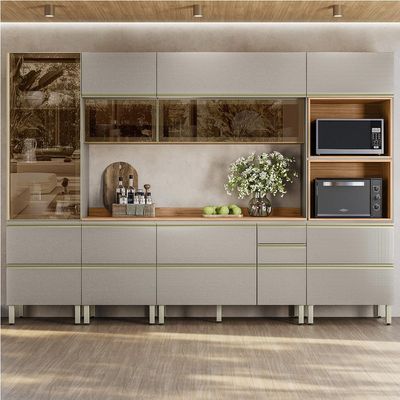 Armário de Cozinha Completa com 3 Vidros Reflecta Proença 9 Portas 8 Gavetas Nude e Nogueira