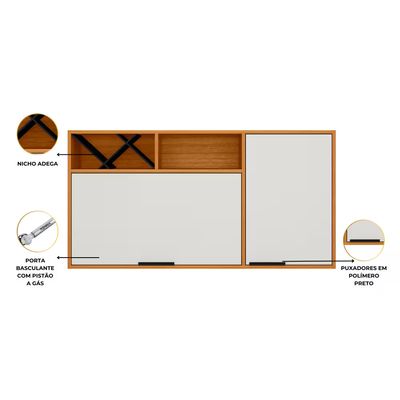 Armário Aéreo Poliman Ravena 2 Portas 120cm Adega Garrafeiro Pistão a Gás Puxadores MDP Freijó/Off White