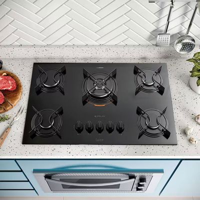 Cooktop a Gás Atlas U Top 5 Bocas Tripla Chama Mesa de Vidro Preto