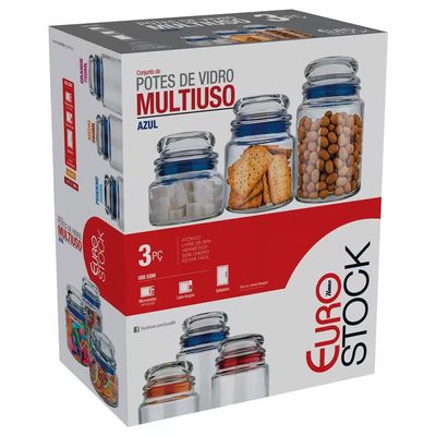 Conjunto de Potes Multiuso em Vidro e PVC 3 Peças Euro Home Transparente com Azul