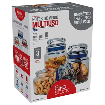 Conjunto de Potes Multiuso em Vidro e PVC 3 Peças Euro Home Transparente com Azul