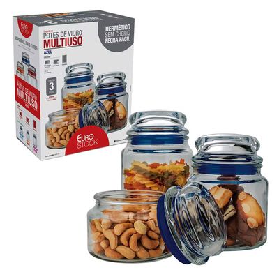 Conjunto de Potes Multiuso em Vidro e PVC 3 Peças Euro Home Transparente com Azul