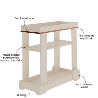 Carrinho Bar 1 Prateleira Rodízios Funcionais MDF Artely Móveis Off White