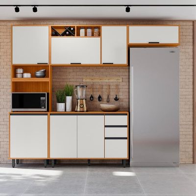 Cozinha Completa Poliman Ravena 4 Peças Paneleiro Balcão Freijó/Off White