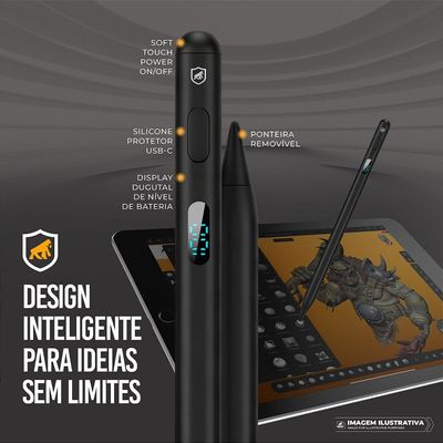 Caneta Touch Capacitiva com Visor - Palm Rejection - Dual Shock - Preta - Gshield