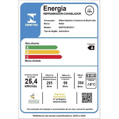 Geladeira Midea Frost Free Duplex 394L Inverter Branco / 110V