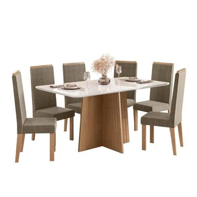 Conjunto de Mesa Sonetto 160cm Isa 6 Cadeiras Tampo de Vidro Veludo Estofado Design Moderno Sofisticado Bege