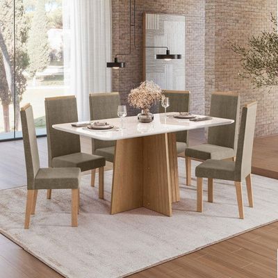 Conjunto de Mesa Sonetto 160cm Isa 6 Cadeiras Tampo de Vidro Veludo Estofado Design Moderno Sofisticado Bege