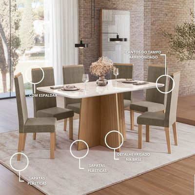 Conjunto de Mesa Sonetto 160cm Isa 6 Cadeiras Tampo de Vidro Veludo Estofado Design Moderno Sofisticado Bege