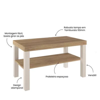 Mesa de Centro Up Retangular Artely Carvalho com Off White