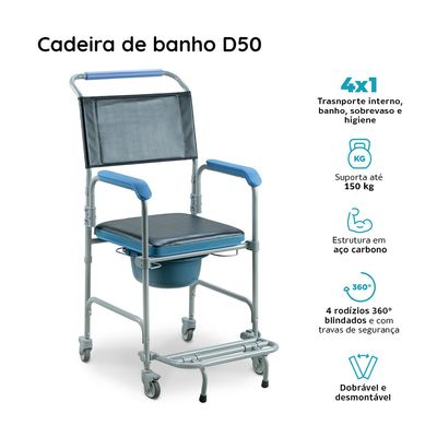 Cadeira de Banho Higiênica Desmontável até 150 Kg Assento 43 cm D50 Dellamed Azul