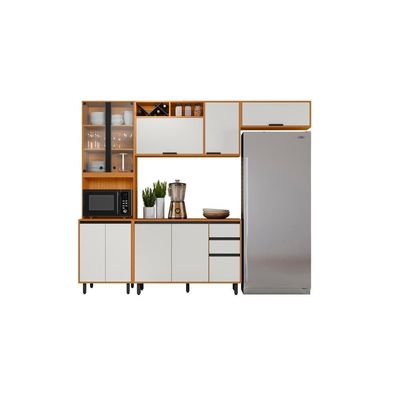 Cozinha Completa Poliman Ravena 4 Peças Cristaleira LED Balcão 120cm Freijó/Off White