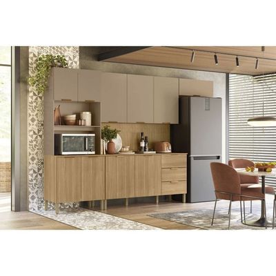 Cozinha Completa Kits Paraná Glam 2 Peças com Painel Ripado Freijó