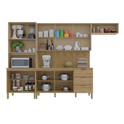 Cozinha Completa Kits Paraná Glam 2 Peças com Painel Ripado Freijó