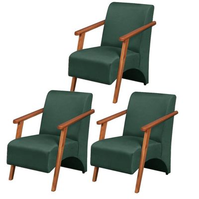 Kit 3 Poltronas Venus 1 Lugar Braço Madeira Maciça Tecido Suede Unidecor Verde