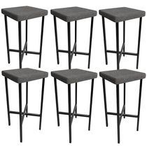 Kit 06 Banquetas Alta Bar Cozinha Sala De Jantar Preto Stella L02 Linho Cinza Escuro - Lyam Decor