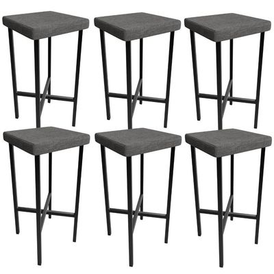 Kit 06 Banquetas Alta Bar Cozinha Sala De Jantar Preto Stella L02 Linho Cinza Escuro - Lyam Decor